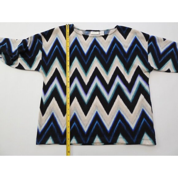 Chicos Blue Black Chevron Zig Zag Stretch Knit Top Size 1 Med Boat Neck - Picture 6 of 11
